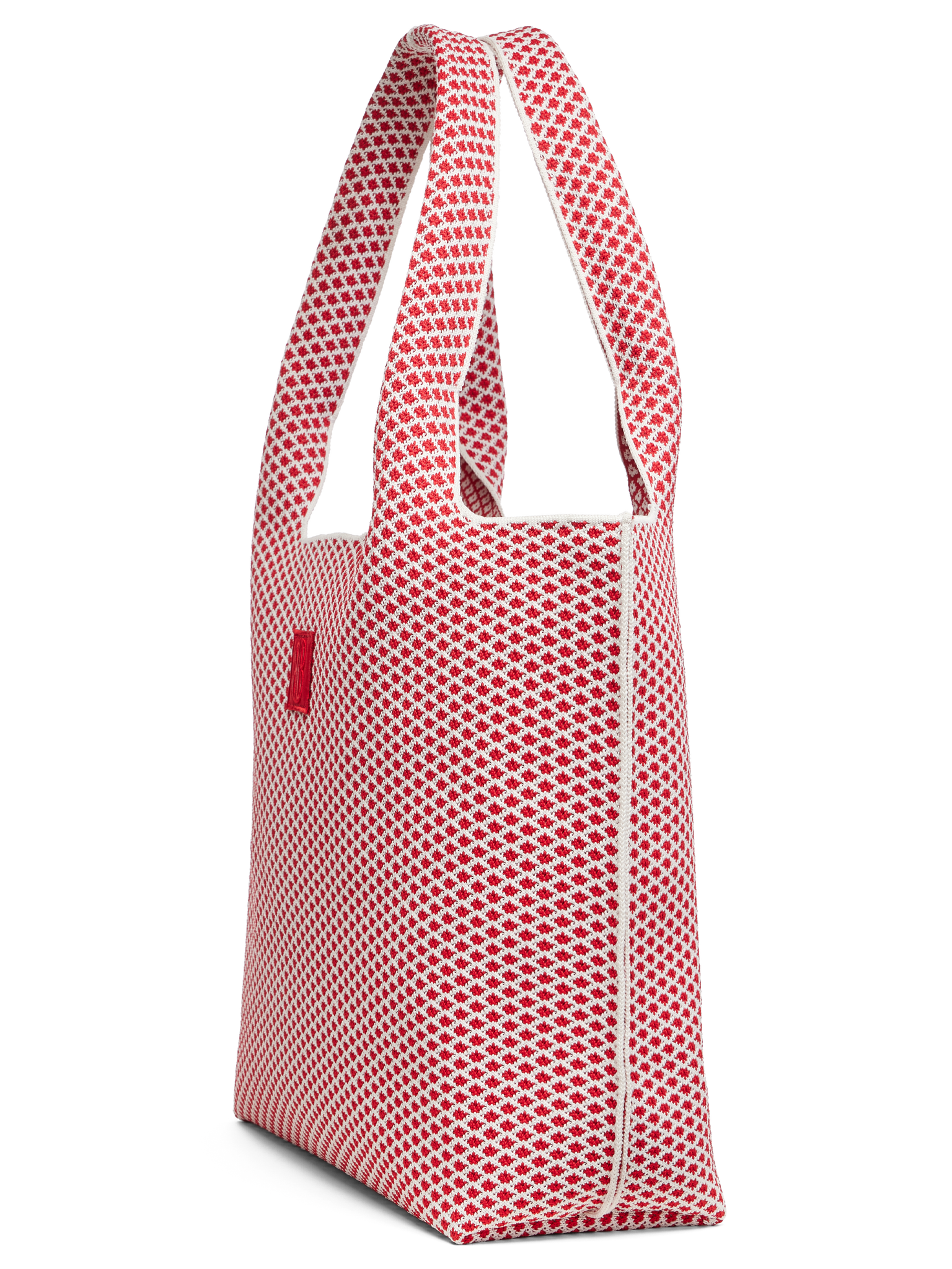 Red Diamond tote seen from the side