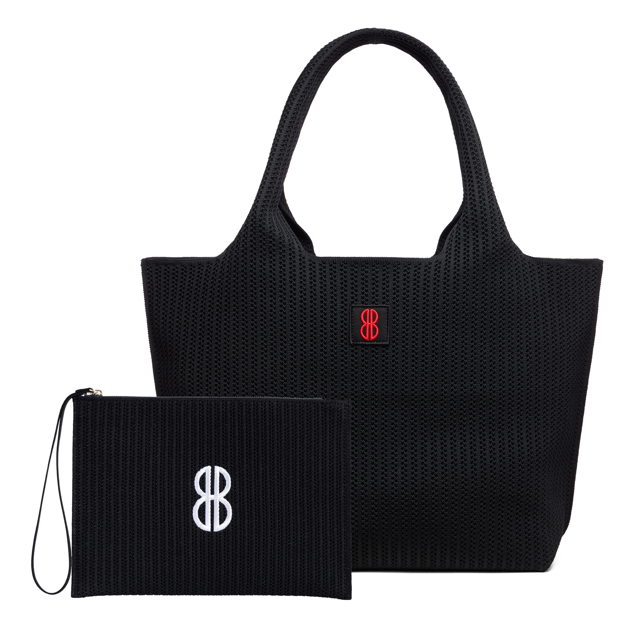 Black Stripe Tote With Pouch seen from the front