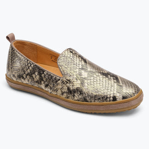 Sutton Leather Slip On seen from the front - Gold Printed Snake 