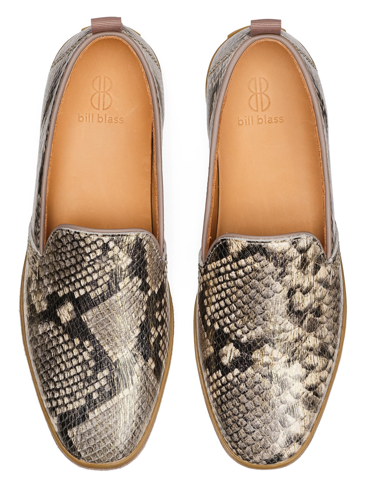 Sutton Leather Slip On seen from above - Gold Printed Snake