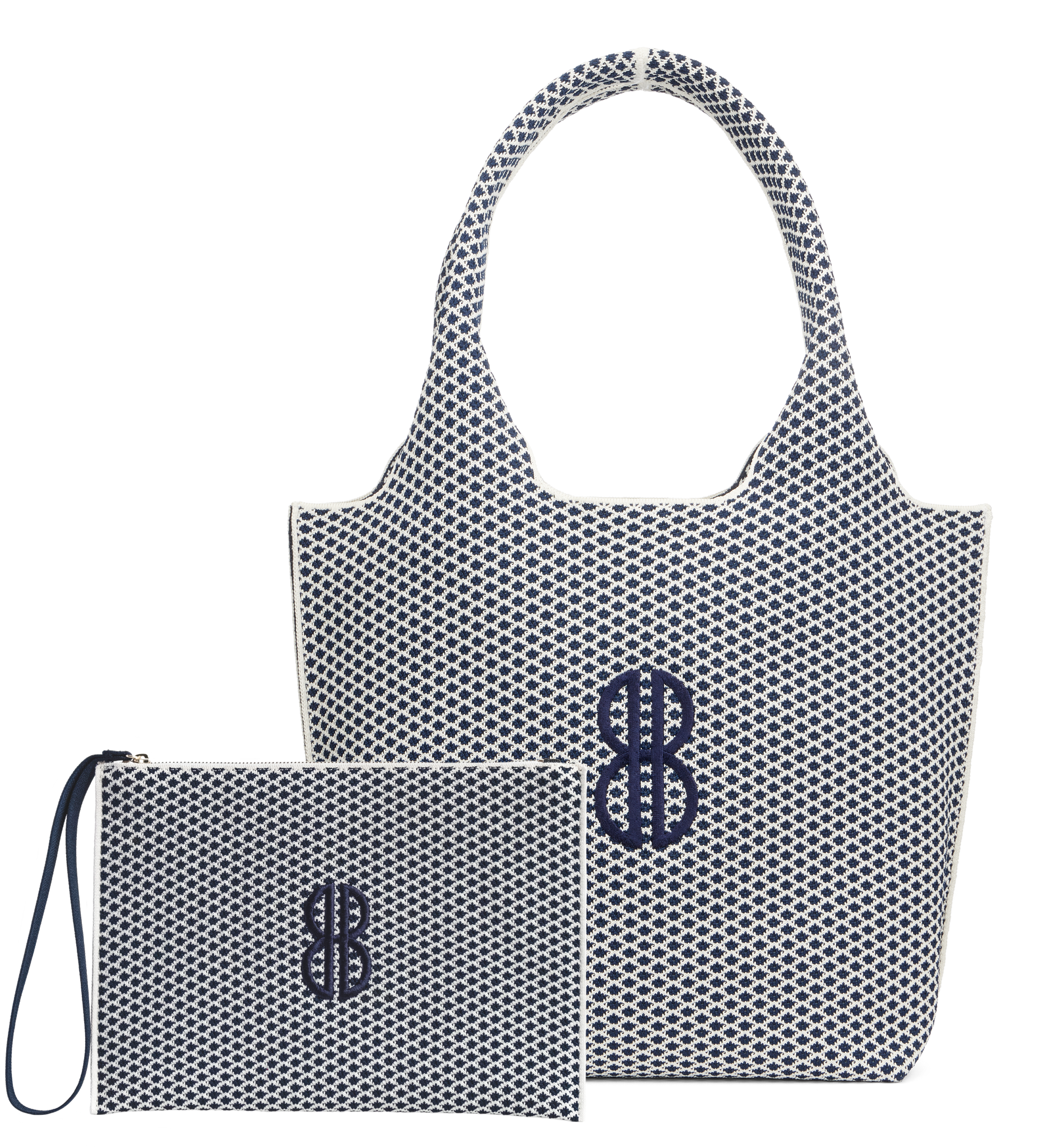 Sutton City Tote with pouch - Navy Diamond Monogram / Detachable Metal Chain seen from the front