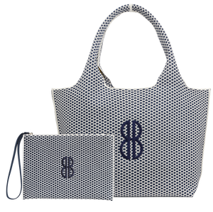 Sutton City Tote with pouch - Navy Diamond Monogram / Detachable Metal Chain seen the other shape