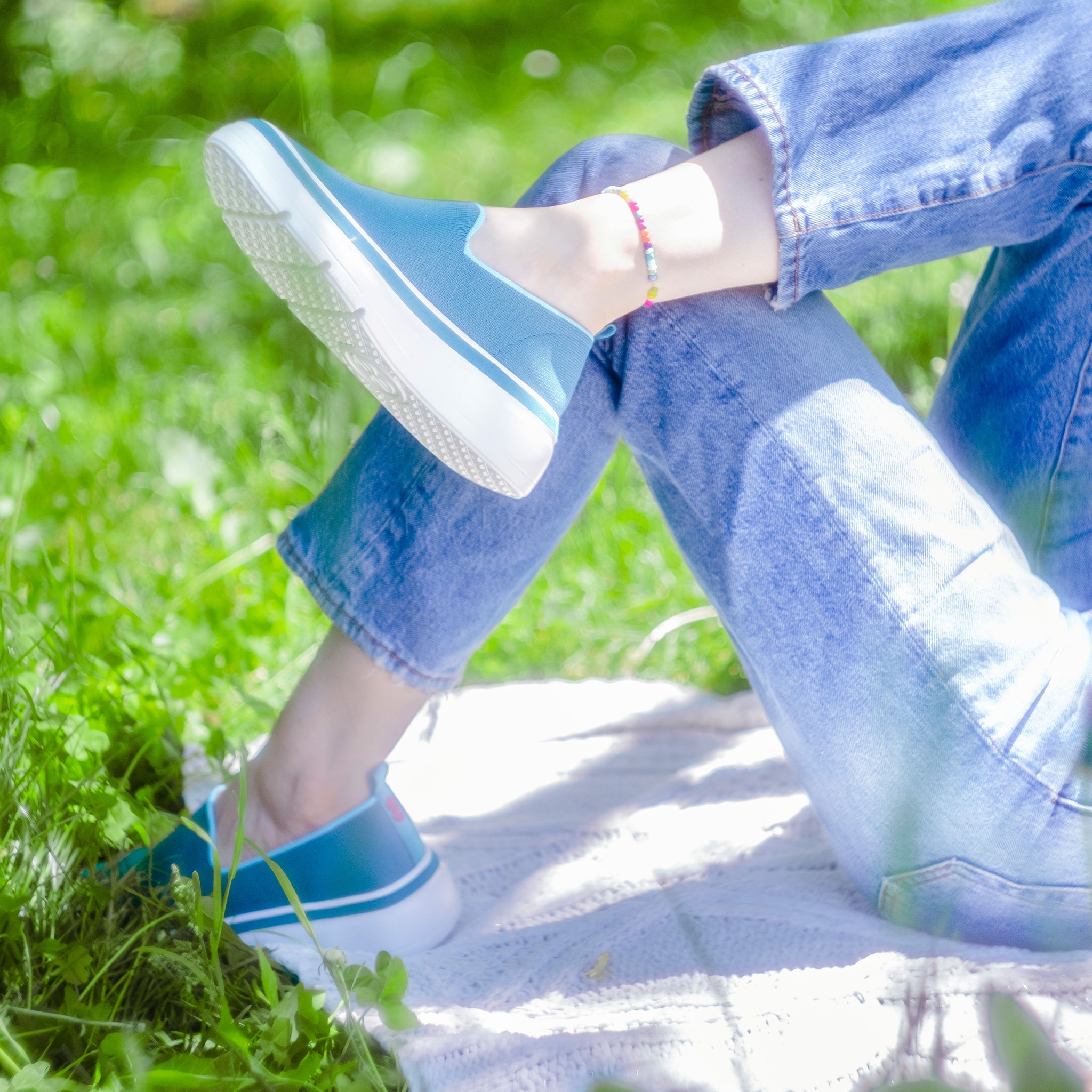 Sneakers on both feet