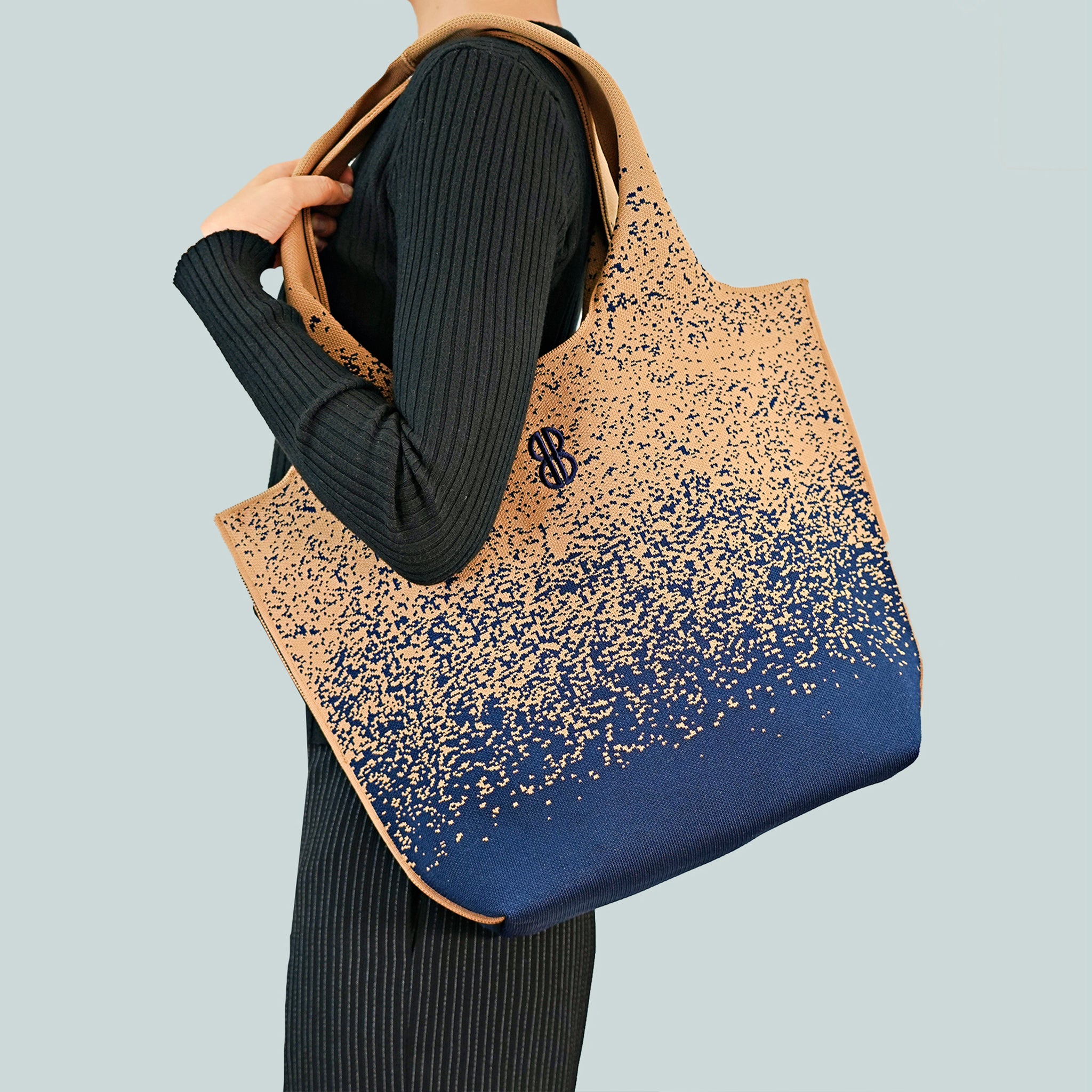 Sutton City Tote - Navy Buckthorn Sprinkle draped on shoulder