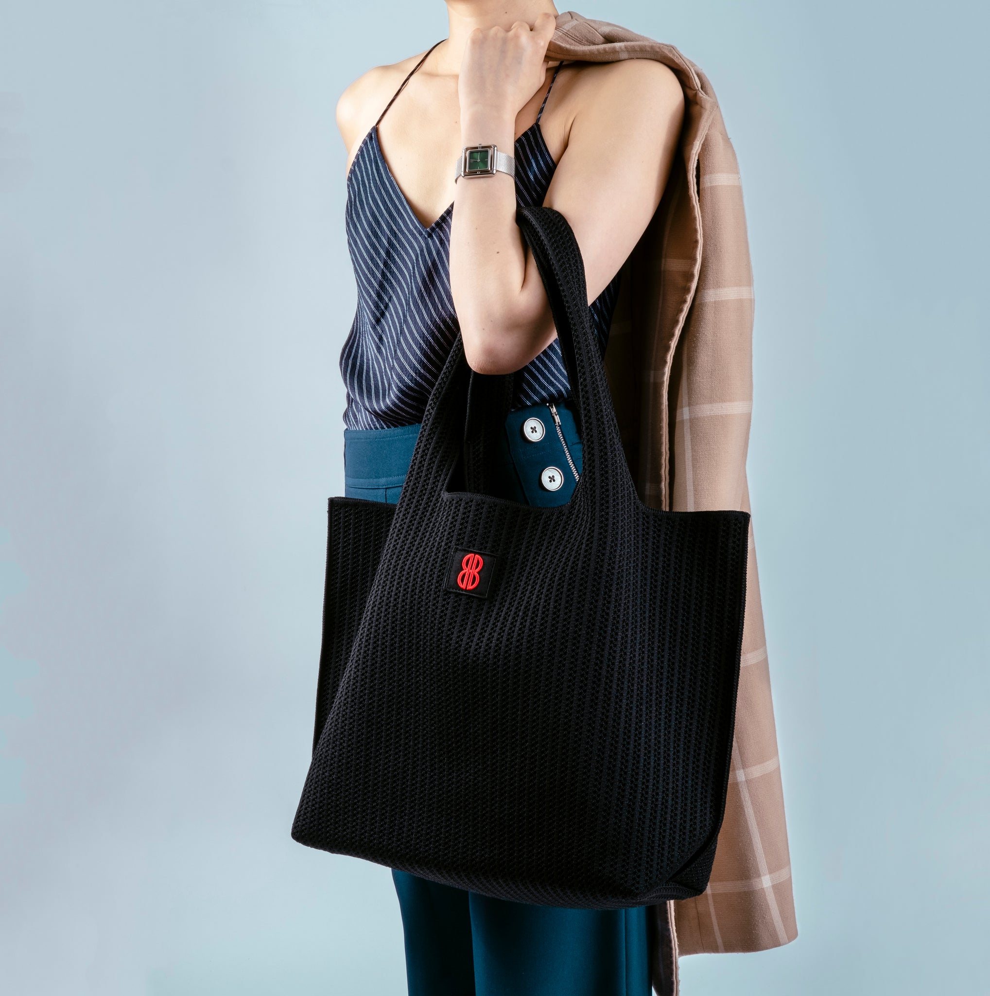 Black Stripe Tote on an arm