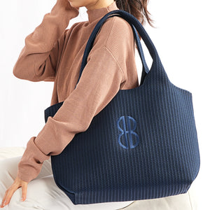 Sutton City Tote - Navy Stripe Monogram draped on shoulder