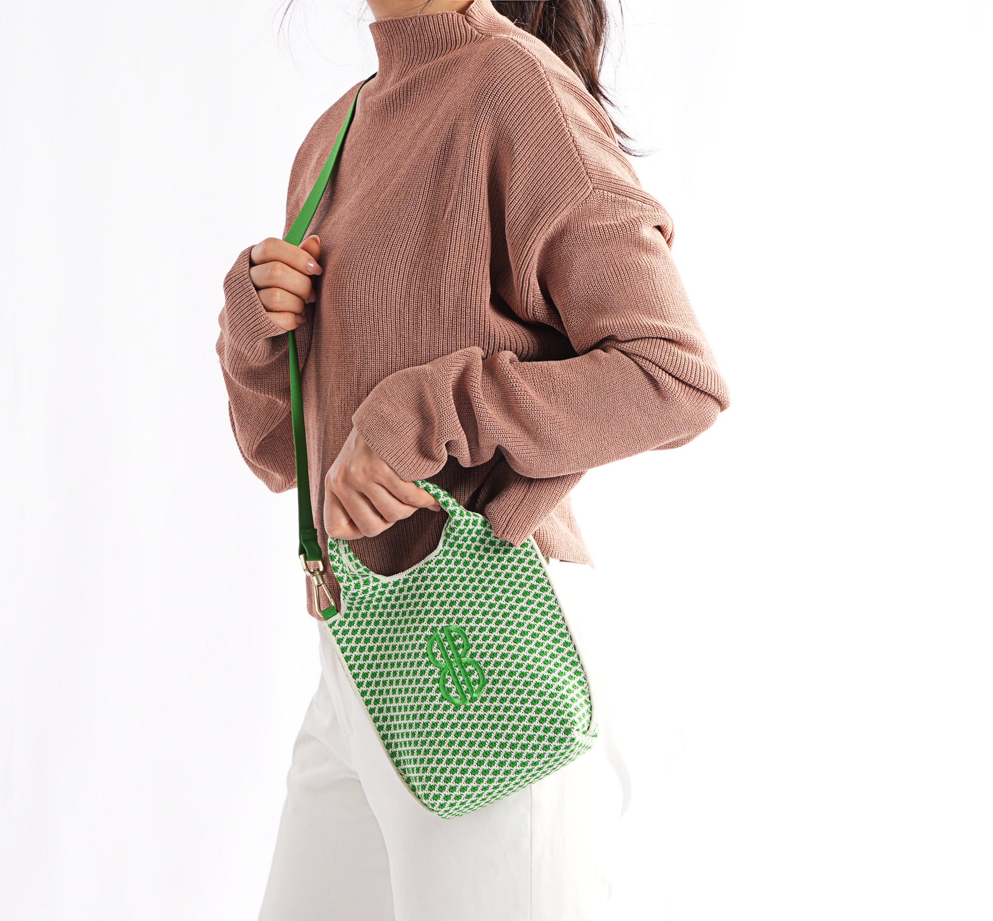 Sutton City Tote - Parakeet Green Diamond draped on shoulder